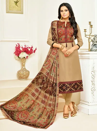 Work Wear Cotton Embroidered Dress Material with Dupatta