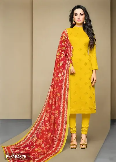 Stylish Cambric Cotton Yellow Printed and Embroidered Salwar Suit Set For Women