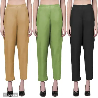 Exclusive Cotton Blend Plain Trousers for Women's (Pack of 3)-thumb0