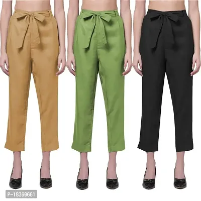 Exclusive Cotton Blend Belt Trousers for Women's (Pack of 3)
