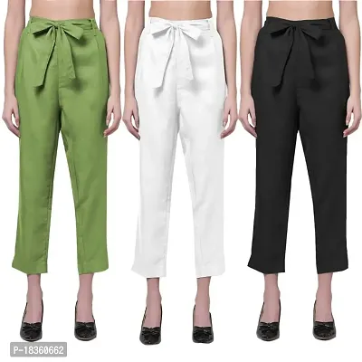 Exclusive Cotton Blend Belt Trousers for Women's (Pack of 3)-thumb0