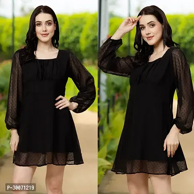 Stylish Black Georgette Solid A-Line Dress For Women-thumb0