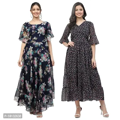 Attractive Midi Length Georgette Printed Fit And Flare Dress Combo For Women Pack Of 2-thumb0