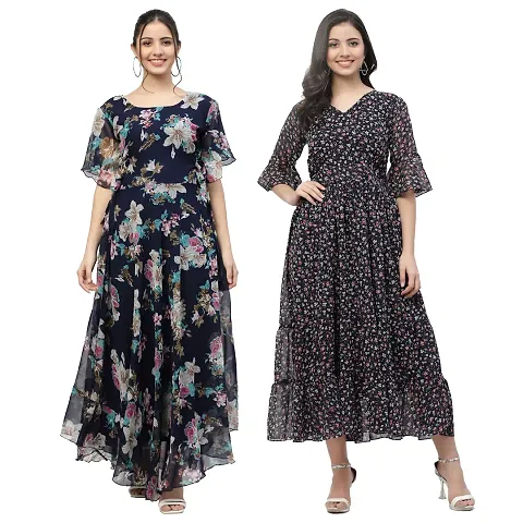 Attractive Midi Length Georgette Fit And Flare Dress Combo For Women Pack Of 2