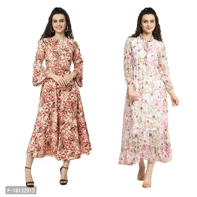 Attractive Multicoloured Georgette Printed Fit And Flare Dress For Women Pack Of 2-thumb0