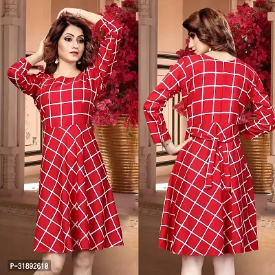 Stylish Red Cotton Blend Checked A-Line Dress For Women