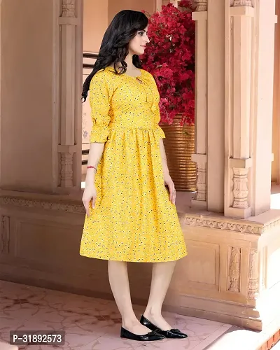 Stylish Yellow Cotton Blend Printed A-Line Dress For Women-thumb3