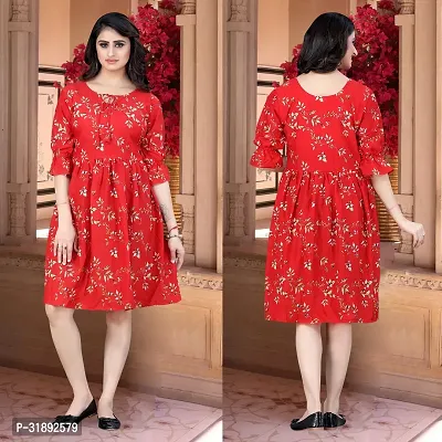 Stylish Red Cotton Blend Printed A-Line Dress For Women