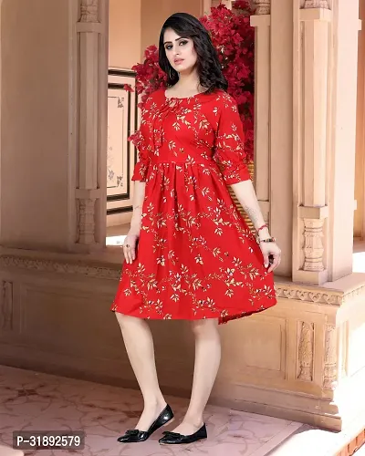 Stylish Red Cotton Blend Printed A-Line Dress For Women-thumb2