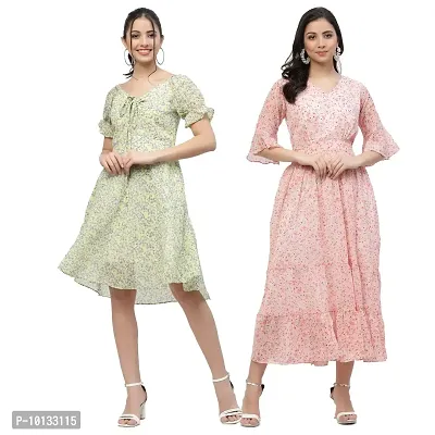 Attractive Midi Length Georgette Printed Fit And Flare Dress Combo For Women Pack Of 2