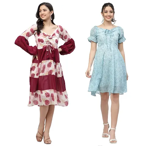 Attractive Midi Length Georgette Fit And Flare Dress Combo For Women Pack Of 2