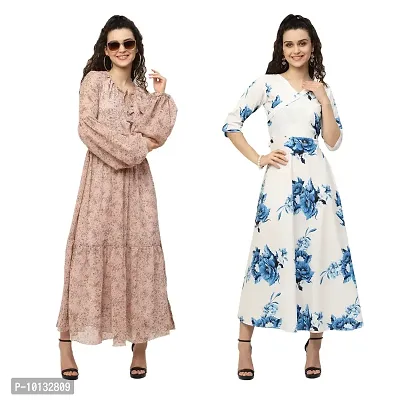 Attractive Midi Length Georgette Printed Fit And Flare Dress Combo For Women Pack Of 2