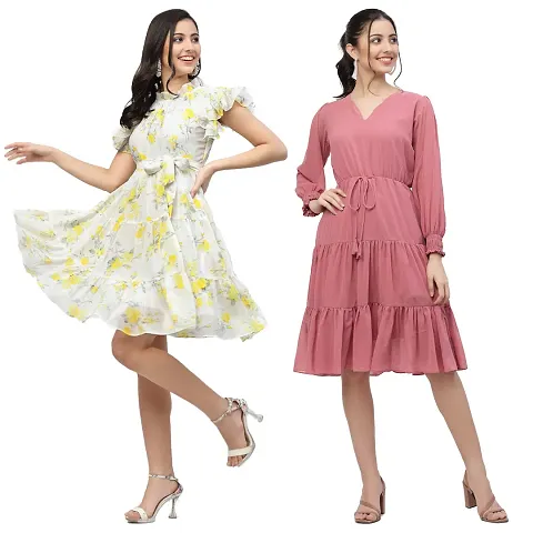 Attractive Midi Length Georgette Fit And Flare Dress Combo For Women Pack Of 2