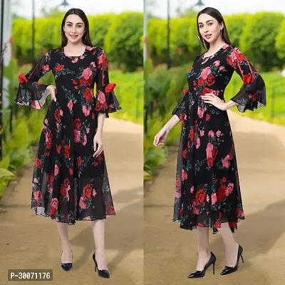 Stylish Black Georgette Printed Fit And Flare Dress For Women-thumb0