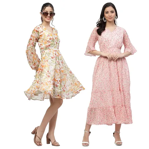 Attractive Midi Length Georgette Fit And Flare Dress Combo For Women Pack Of 2