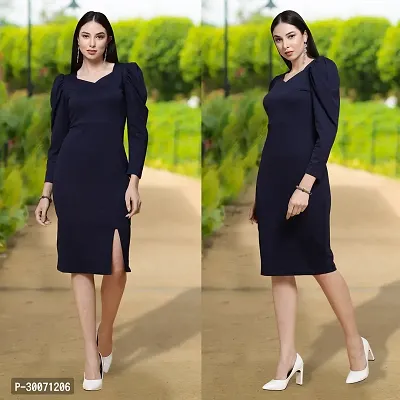 Stylish Navy Blue Cotton Blend Solid Bodycon Dress For Women-thumb0