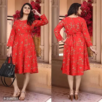 Stylish Red Cotton Blend Printed A-Line Dress For Women