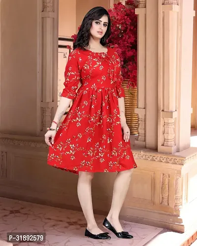 Stylish Red Cotton Blend Printed A-Line Dress For Women-thumb3