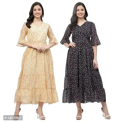 Attractive Midi Length Georgette Printed Fit And Flare Dress Combo For Women Pack Of 2-thumb0