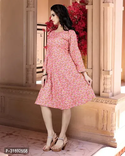 Stylish Pink Cotton Blend Printed A-Line Dress For Women-thumb2