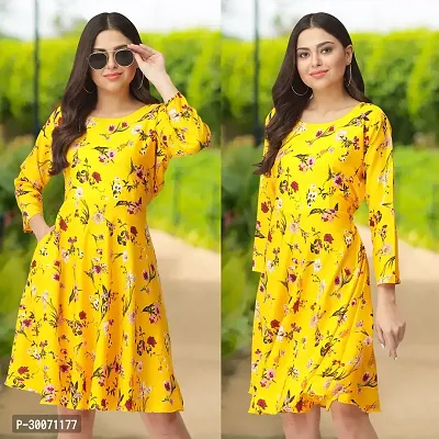 Stylish Yellow Crepe Printed Fit And Flare Dress For Women-thumb0