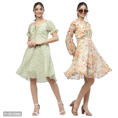 Attractive Midi Length Georgette Printed Fit And Flare Dress Combo For Women Pack Of 2