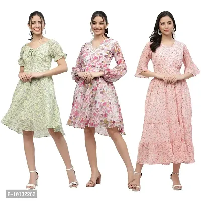 Attractive Midi Length Georgette Printed Fit And Flare Dress Combo For Women Pack Of 3-thumb0