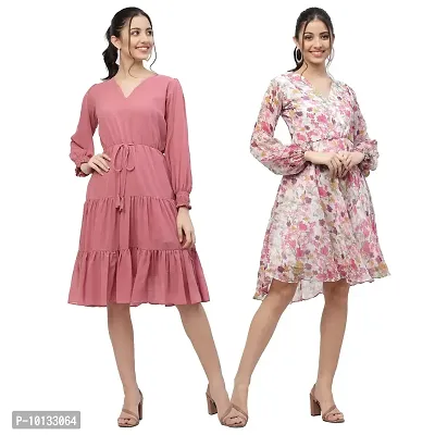 Attractive Midi Length Georgette Printed Fit And Flare Dress Combo For Women Pack Of 2