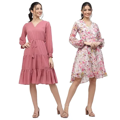 Attractive Midi Length Georgette Fit And Flare Dress Combo For Women Pack Of 2