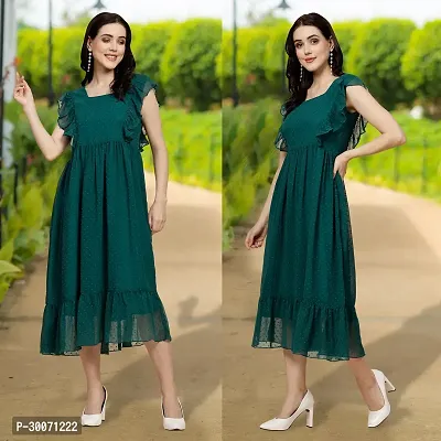 Stylish Teal Georgette Solid Fit And Flare Dress For Women-thumb0