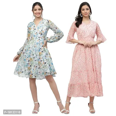 Attractive Midi Length Georgette Printed Fit And Flare Dress Combo For Women Pack Of 2