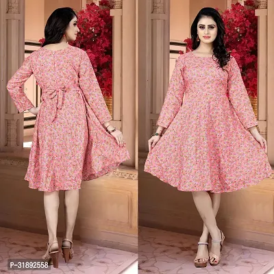 Stylish Pink Cotton Blend Printed A-Line Dress For Women