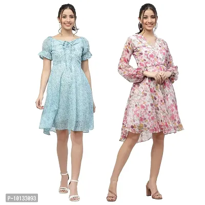 Attractive Midi Length Georgette Printed Fit And Flare Dress Combo For Women Pack Of 2