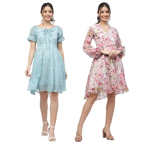 Attractive Midi Length Georgette Fit And Flare Dress Combo For Women Pack Of 2