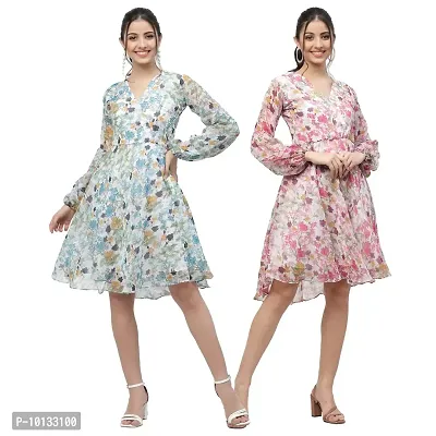 Attractive Midi Length Georgette Printed Fit And Flare Dress Combo For Women Pack Of 2