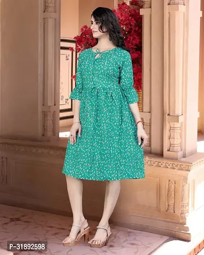 Stylish Green Cotton Blend Printed A-Line Dress For Women-thumb2