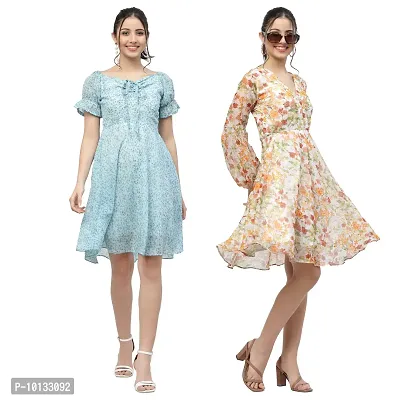 Attractive Midi Length Georgette Printed Fit And Flare Dress Combo For Women Pack Of 2-thumb0