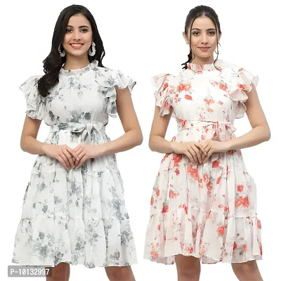 Attractive Midi Length Georgette Printed Fit And Flare Dress Combo For Women Pack Of 2