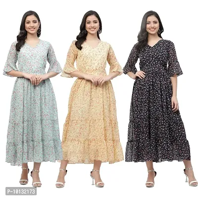 Attractive Midi Length Georgette Printed Fit And Flare Dress Combo For Women Pack Of 3-thumb0