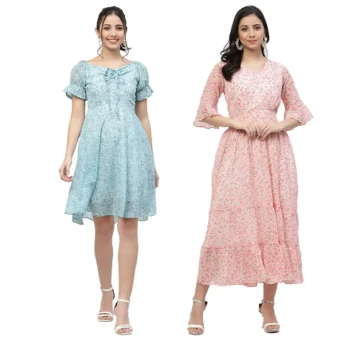 Attractive Midi Length Georgette Fit And Flare Dress Combo For Women Pack Of 2