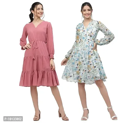 Attractive Midi Length Georgette Printed Fit And Flare Dress Combo For Women Pack Of 2