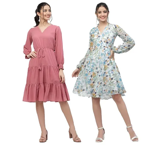 Attractive Midi Length Georgette Fit And Flare Dress Combo For Women Pack Of 2