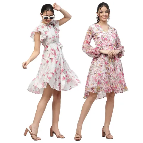 Attractive Midi Length Georgette Fit And Flare Dress Combo For Women Pack Of 2