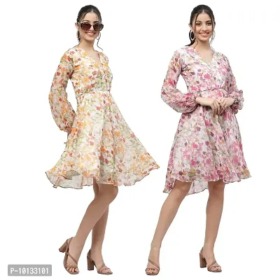 Attractive Midi Length Georgette Printed Fit And Flare Dress Combo For Women Pack Of 2-thumb0