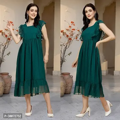 Stylish Green Georgette Solid Fit And Flare Dress For Women-thumb0