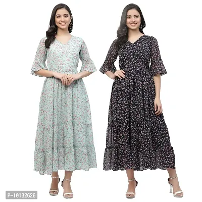 Attractive Midi Length Georgette Printed Fit And Flare Dress Combo For Women Pack Of 2-thumb0