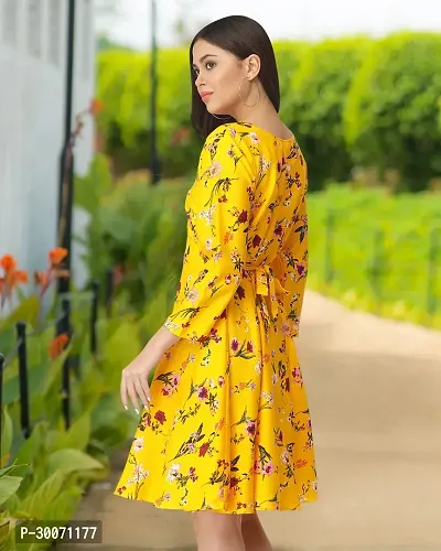 Stylish Yellow Crepe Printed Fit And Flare Dress For Women-thumb2