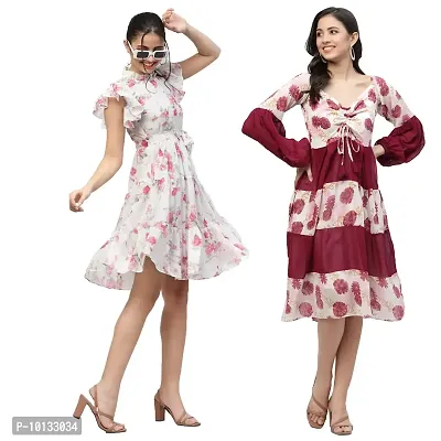 Attractive Midi Length Georgette Printed Fit And Flare Dress Combo For Women Pack Of 2