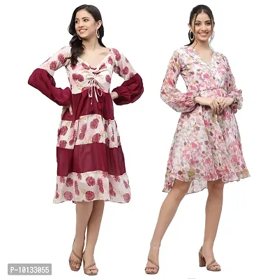 Attractive Midi Length Georgette Printed Fit And Flare Dress Combo For Women Pack Of 2-thumb0