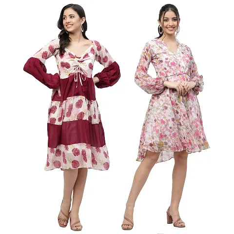 Attractive Midi Length Georgette Fit And Flare Dress Combo For Women Pack Of 2